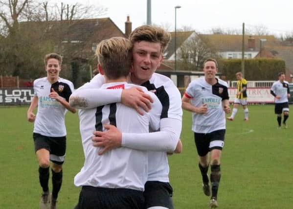 Pagham celebrate their first goal versus Loxwood / Picture by Roger Smith