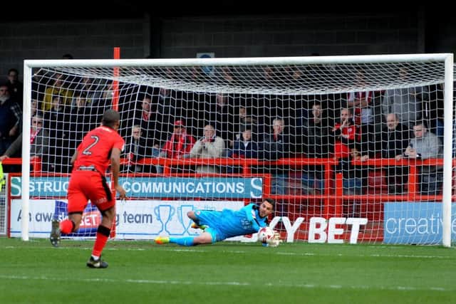 Crawley Town FC v Doncaster Rovers. 1st half Penalty save. Pic Steve Robards SR1704541 SUS-170403-161217001