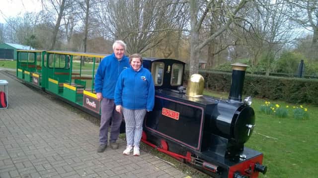 Kim Morgan and Chris Lewis with Boris at Hotham Park Miniature Railway