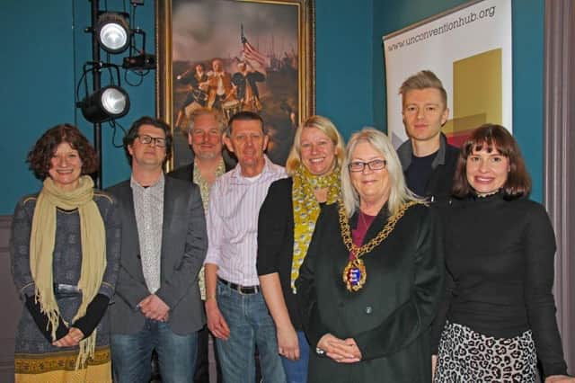 Melanie Powell (Rother District Council), James Ketchell (Music Heritage UK),  Olaf Furniss (Music Tourist), Andy Gunton, Cllr Dawn Poole, the mayor Cllr Judy Rogers, Dan and Lorna Heptinstall of Skinny Lister SUS-170703-102242001