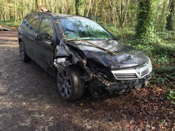 The car 'rammed off the road' at Eartham Woods iJMqXz1ustwg5LO_IHMt