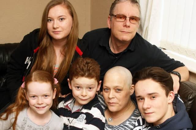 Cancer sufferer Charlotte Harris, pictured with left to right: Libby, nine, Jolene, 16, Huxley, seven, Neil, and Cain, 15. Picture: Derek Martin
