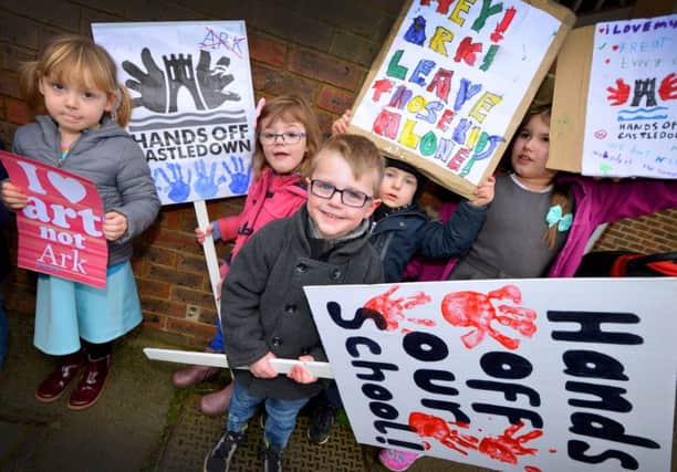 Hands Off Castledown demonstration outside Castledown Primary School, Hastings. SUS-170125-162324001