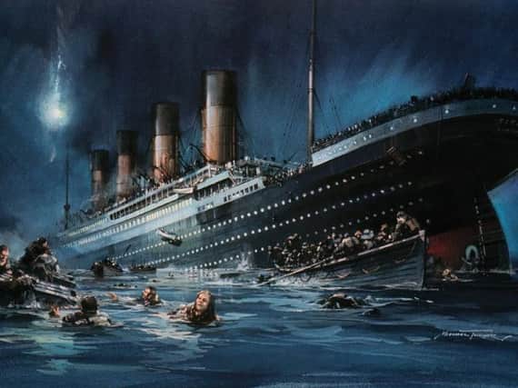 A painting of the huge liner Titanic sinking in the North Atlantic in the early morning of 15th April 1912. A number of Sussex people were on the ship and it was largely a matter of luck who lived and who died.