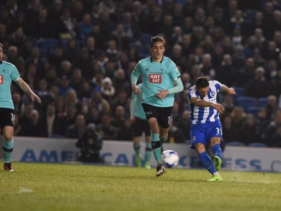 Anthony Knockaert unleashes his opening goal for Brighton & Hove Albion against Derby County