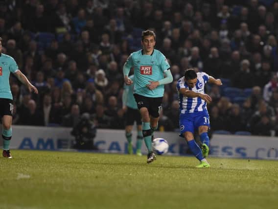 Anthony Knockaert fires home Albion's opener. Picture by Phil Westlake (PW Sporting Photography)