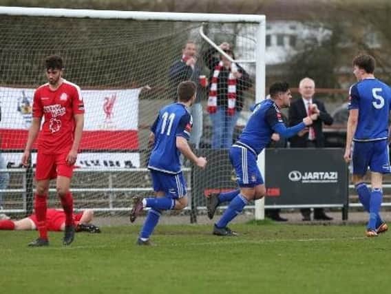 Dan Summers celebrates after netting on his Worthing debut at Harrow Borough