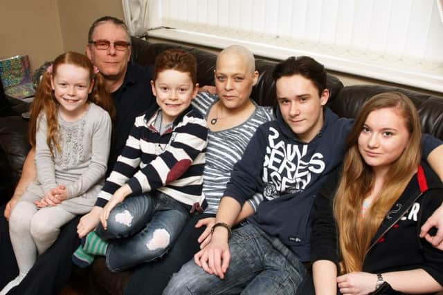 Cancer sufferer Charlotte Harris, pictured with (left to right) Libby, nine, her husband Neil, Huxley, seven, Cain 15 and Jolene, 16. Photo by Derek Martin