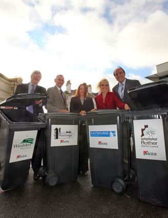 Joint waste contract - l-r Cllr Bob Standley (leader of Wealden District Council), Cllr Jeremy Birch (leader Hastings Borough Council ), Nicola Peake (managing director Kier), Cllr Gill Mattock (Chair Joint Waste Committee), Cllr Tony Gandley (Rother District Council) ENGSUS00120120512162617