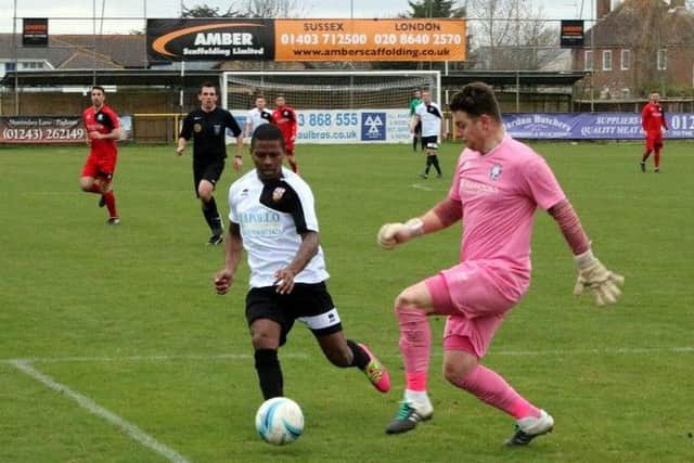 Terrell Lewis on his way to setting up Pagham's second / Picture by Roger Smith
