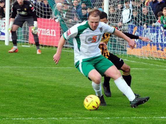 James Fraser, pictured facing Folkestone, scored a hat-trick against Canvey / Picture by Kate Shemilt