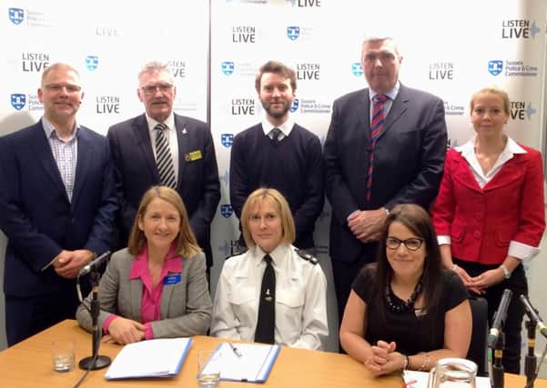 (Back row from left) Danny Pike, John Wright, Phil Mawhinney, Keith Sharp and Laura Flack; (seated from left) Katy Bourne, Lisa Bell and Louise Baxter at a summit organised by the Sussex PCC to tackle elder exploitation