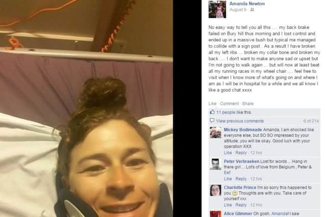 Amanda's Facebook post, just hours after being told she would never walk again, asking her friends not to be sad