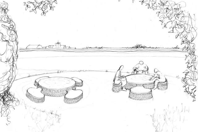 An initial impression of one design for a seated area with tables at Downslink as part of the Shoreham Airshow memorial. Image courtesy of Jane Fordham and David Parfitt SUS-170328-091126001