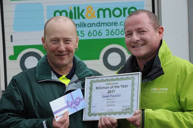 Milkman of the year semifinalist Garry Rose (left)  with Milk & More operations manager Nigel Vincent. Photo by Mark Dimmock SUS-170330-131303001