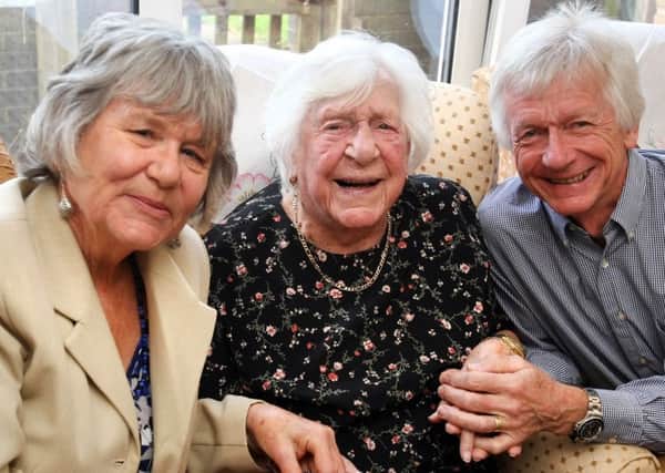Mabel Stella James on her 101st birthday with neice Carole Matthews and son Stephen James. Picture: Derek Martin DM17315696a