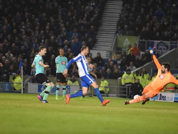 Glenn Murray scores against Derby. Picture by Phil Westlake (PW Sporting Photography)