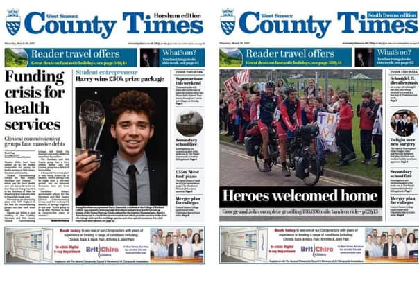 Front pages of the West Sussex County Times (Thursday March 30 edition).