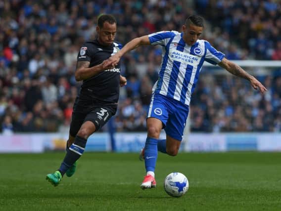 Albion winger Anthony Knockaert takes on former Seagull Elliott Bennett on Saturday. Picture by Phil Westlake (PW Sporting Photography)