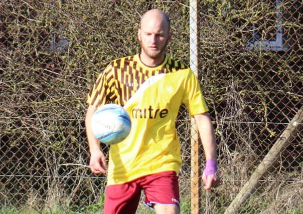 Little Common player-manager Russell Eldridge on the ball against Saltdean United two weeks ago. Picture courtesy Catherine Gurney