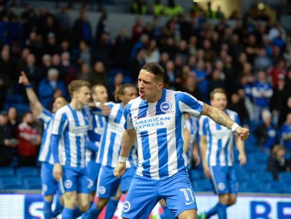 Anthony Knockaert celebrates one of Albion's goals against Birmingham. Picture by Phil Westlake (PW Sporting Photography)