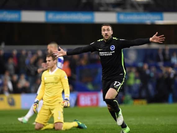 Glenn Murray wheels away after giving Brighton & Hove Albion the lead with his 21st goal of the season. Picture by Phil Westlake