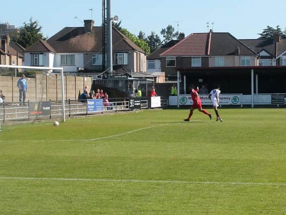 Burgess Hill player Tyrell Richardson-Brown taps-in his first goal at Harrow Borough during their 2-0 win on Saturday. 
Picture by Colin Bowman