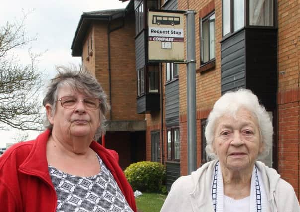 Carole Molloy, left, and Valerie Pemberton are unhappy about the new number 12 bus in Littlehampton. They are pictured outside Valerie's flats in Fitzalan Road, Littlehampton. Picture: Derek Martin