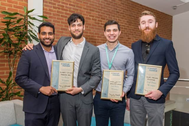StartUp Sussex winners (L-R) Muhammad Abbas and Dominic Coles (Trademark Brothers), Andreas Georgiades (Brighton Greeks), Philipp Streicher (Augmind) SUS-170413-141429001