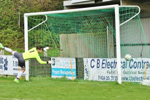 The Maidstone United goalkeeper is beaten as Hastings United take the lead. Picture courtesy Joe Knight