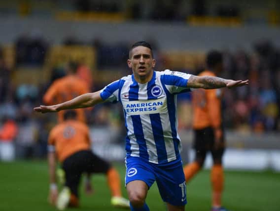 Anthony Knockaert celebrates his opener at Wolves. Picture by Phil Westlake (PW Sporting Photography)