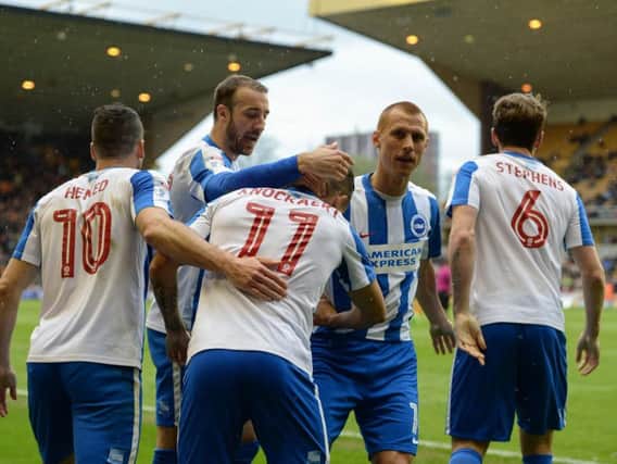 Albion celebrate Anthony Knockaert's opener. Picture by Phil Westlake (PW Sporting Photography)