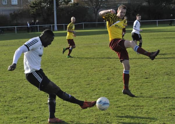Action from the reverse fixture between Bexhill United and Little Common at The Polegrove on Boxing Day.