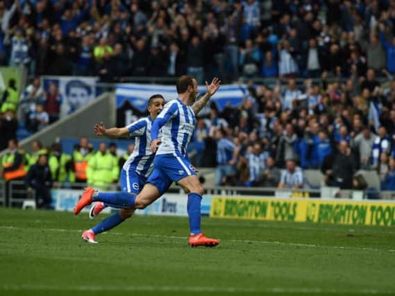 Glenn Murray wheels away in celebration after giving Brighton & Hove Albion the lead against Wigan Athletic