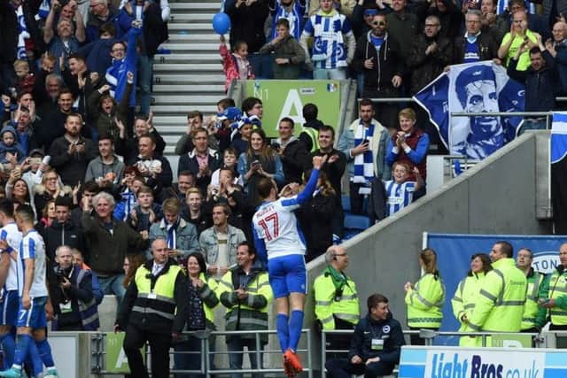 Glenn Murray celebrates after giving Brighton & Hove Albion the lead against Wigan Athletic