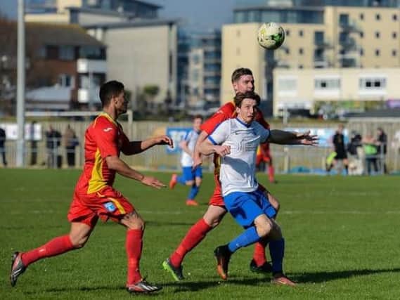 Kieron Pamment got Shoreham's goal at Lancing on Easter Monday. Picture by Joseph Knight