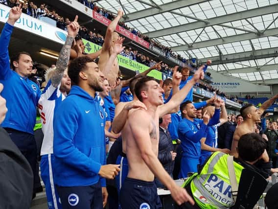 Albion players celebrate promotion. Picture by Steve Bailey