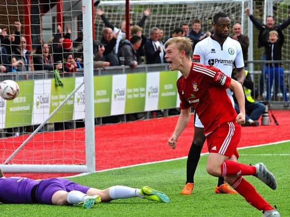 Substitute Jack Newhouse celebrates grabbing a late leveller for Worthing on Easter Monday. Picture by Stephen Goodger