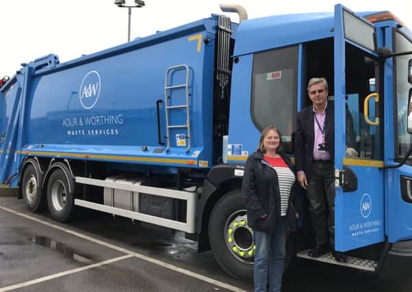 Adur and Worthing councils have invested Â£4.2m in new refuse trucks. Pictured are councillors Emma Evans and Clive Roberts on one of the new trucks.
