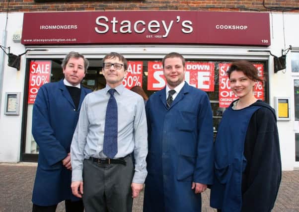 DM17420208a.jpg. Stacey's, Rustington, closing down. L to R Andrew Gibb, Philip Nye, Patrick Dowling and Elise Wilson. Photo by Derek Martin SUS-170423-210048008