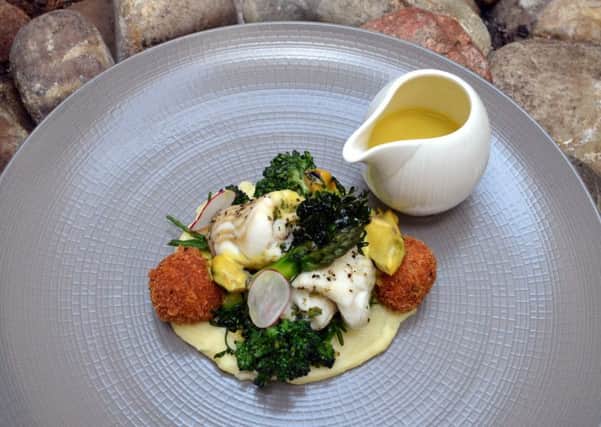 Rye Bay plaice fillet roulade with cheesy dill potato croquettes and saffron mussel veloutÃ©
