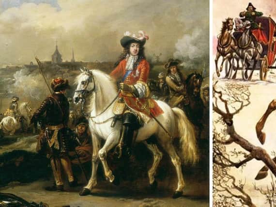 On the left is the Duke of Monmouth mounted on a white steed. He was an illegitimate son of Charles II who made claim to the English throne. His rebellion failed and the Duke was tried for treason and executed. On the right a highwayman is depicted at his business. Robert Congden became such a man after deserting from Monmouths army.
