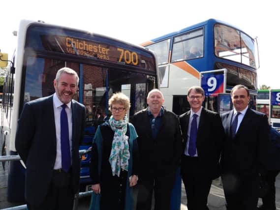 Stagecoach South meeting with MEP: Stagecoach South managing director Edward Hodgson with Cllr Sarah Sharp, Green MEP for the South East Keith Taylor, operations manager Gordon Frost and commercial director Mark Turner.