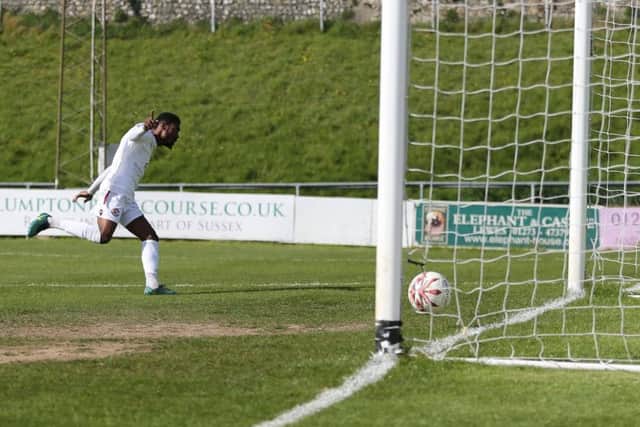 Kiernan Hughes-Mason celebrates after scoring against Lewes. Picture courtesy Scott White