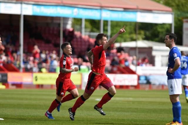 Crawley Town's James Collins celebrates putting Reds ahead.
Picture by PW Sporting Photography