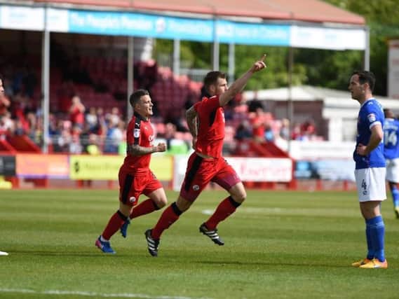 Crawley Town's James Collins celebrates putting Reds ahead.
Picture by PW Sporting Photography