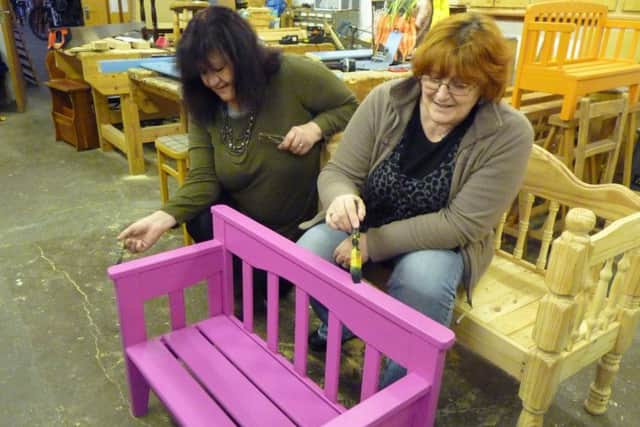 HFS volunteers Heidi and Pauline painting Bedhead Benches SUS-170425-160304001