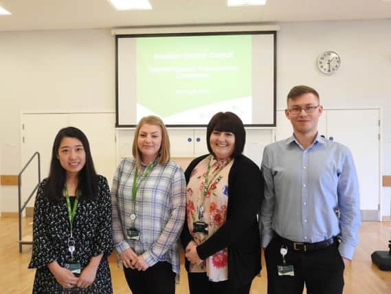 Yvonne Wang, Ellie Smith, Charlotte Aldous, and George Judd graduate with apprenticeships supported by Wealden Council's Apprenticship Scheme SUS-170425-124920001