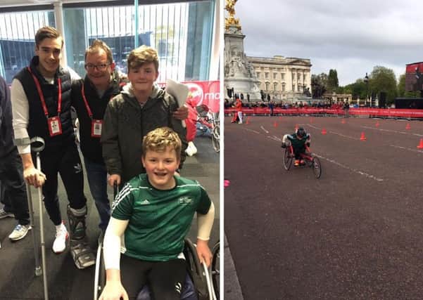 Nathan Freeman beat his personal best time at the London Mini Marathon wheelchair race. Left: Nathan and his twin brother Josh with Harry Winks, a player for Tottenham Hotspur football club. BnOIWQGheRS8SeEclIb4