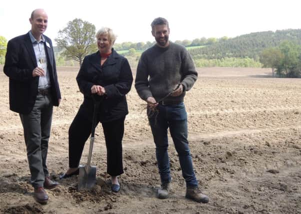 Planting the new vines are (from left) Cellar Manager Johann Fourie, owner Penny Streeter and Viticulturist Duncan McNeil